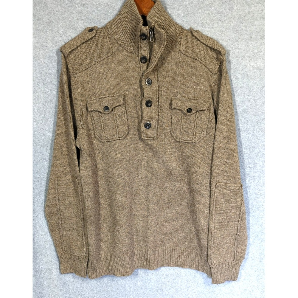 Vtg GAP Sweater Men XL Wool Blend Heather Brown Polo Collar Knit Patch Elbows